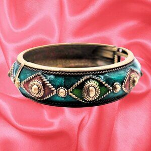 Vintage Tibetan Style Enamel Hinged Bangle Bracelet Blue Green Cloisonne Look